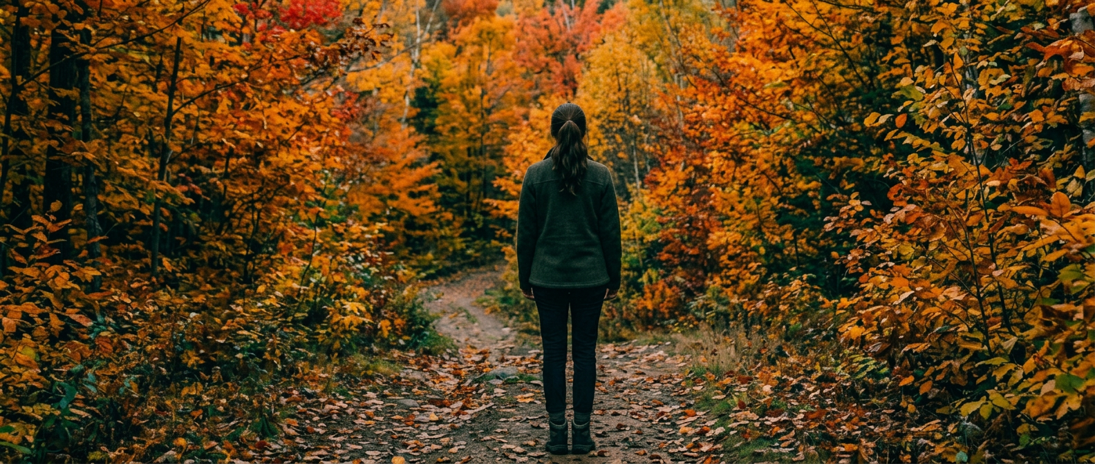 A woman standing on a forest path crowded with blazing autumn color