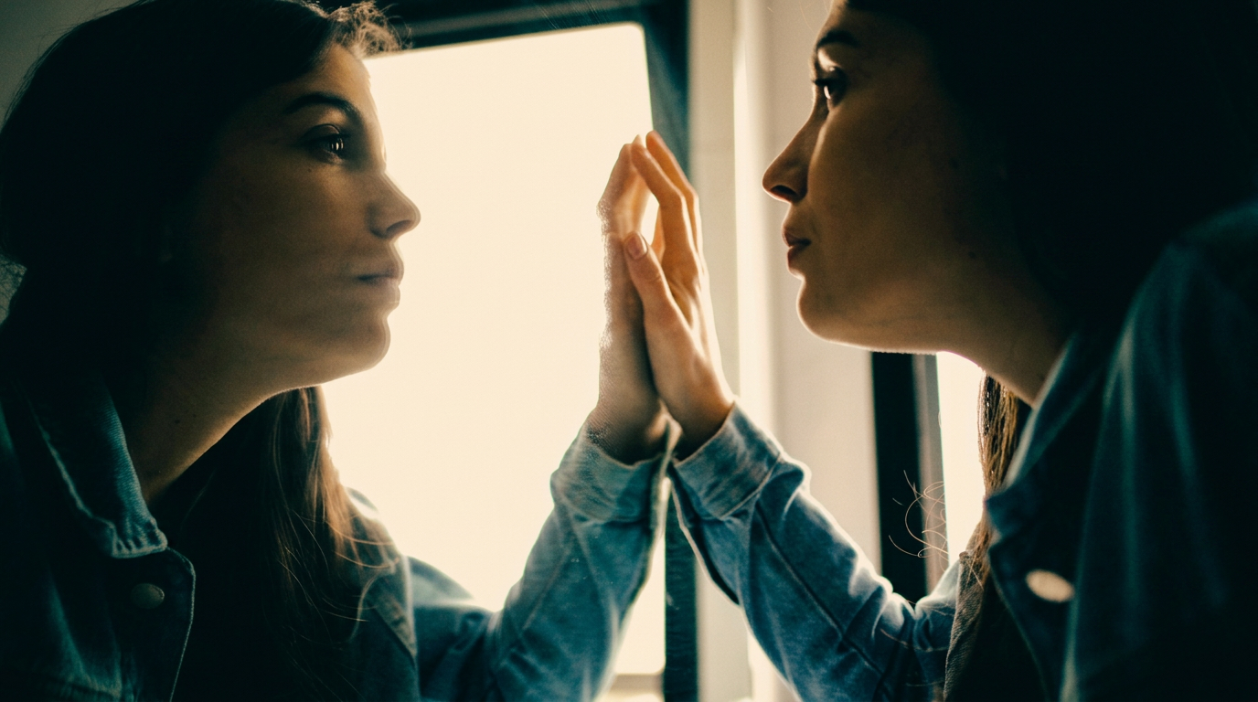 Amara looking at her reflection in a mirror