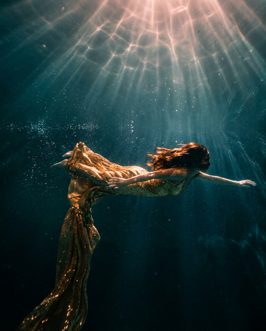 A woman in a flowing gold dress suspended underwater