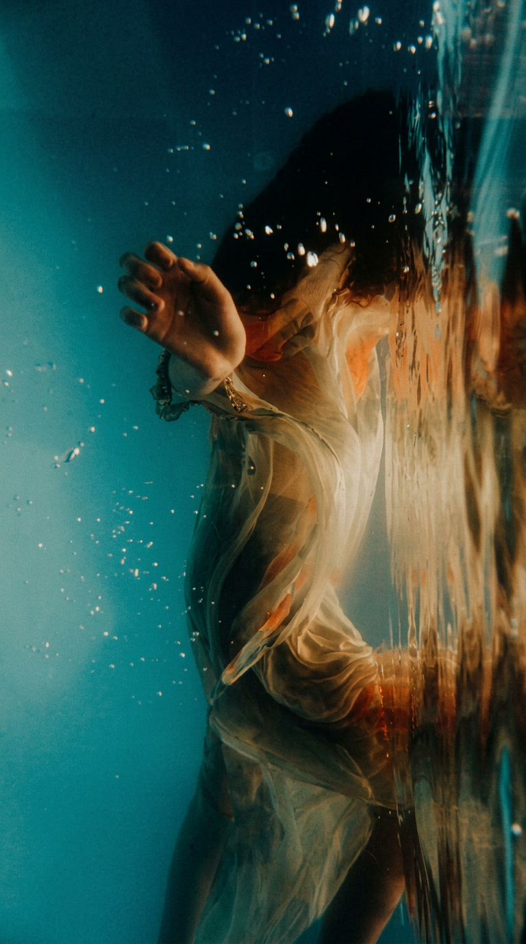 Woman underwater in flowing dress